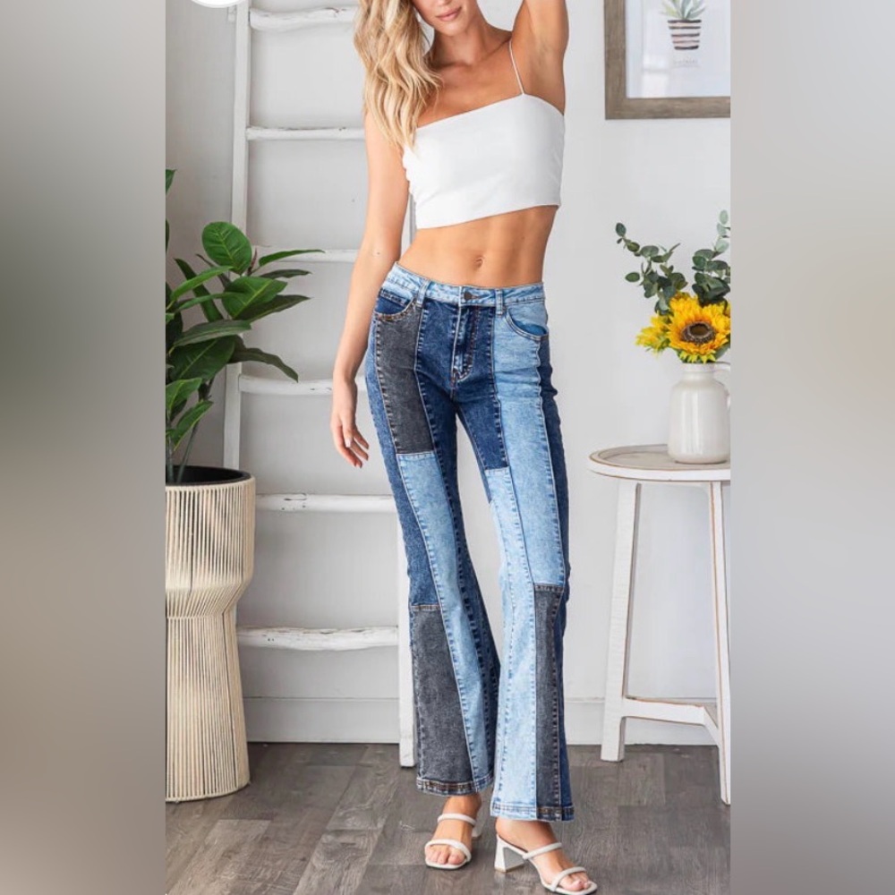 NWOT boutique groovy hippie Flare Jeans patchwork jeans- Blue and Black